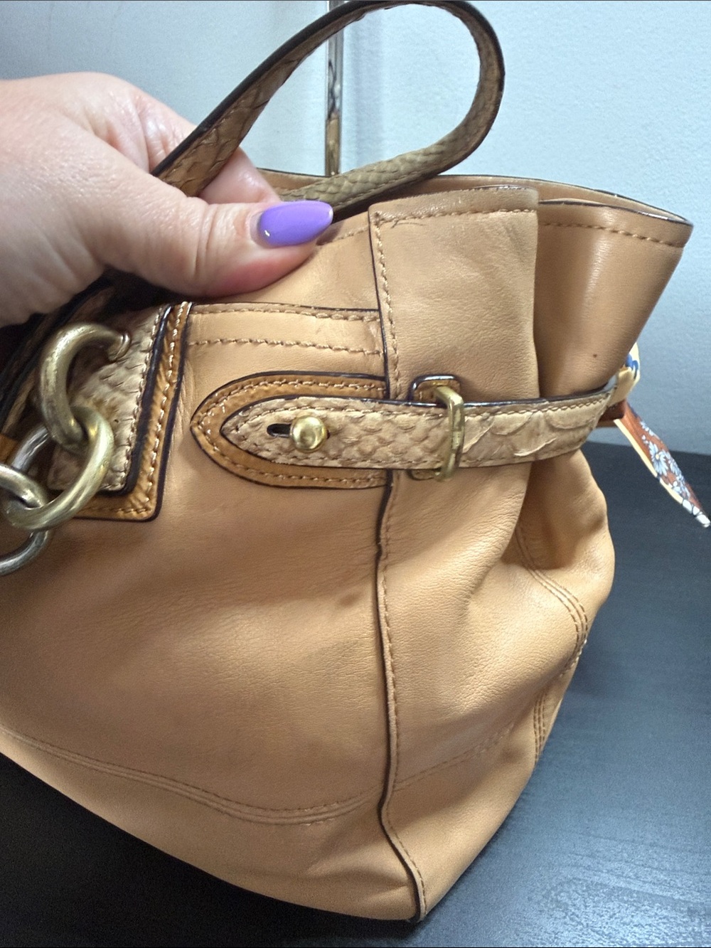 Coach Tan Leather Shoulder Bag with Floral Scarf Accent - Picture 15 of 16